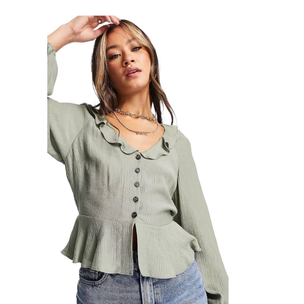 TOPSHOP Ruffle Button Detail Peplum Top size 12 Greenish khaki.NWT